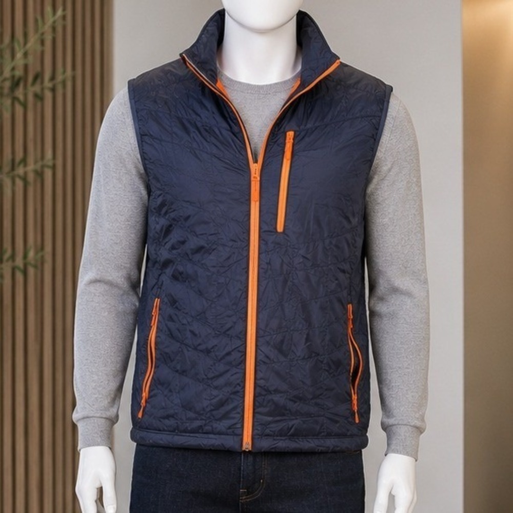 LL Bean Mens Puffer Vest Quilted Full Zip Navy Blue Orange Large
